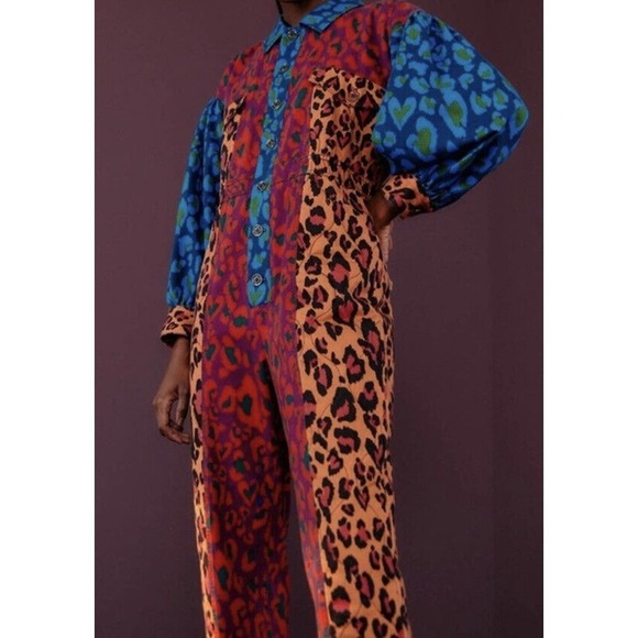 Farm Rio Small Mixed Leopard Pop Jumpsuit Coverall Size Small Cotton Denim Print - Picture 2 of 14